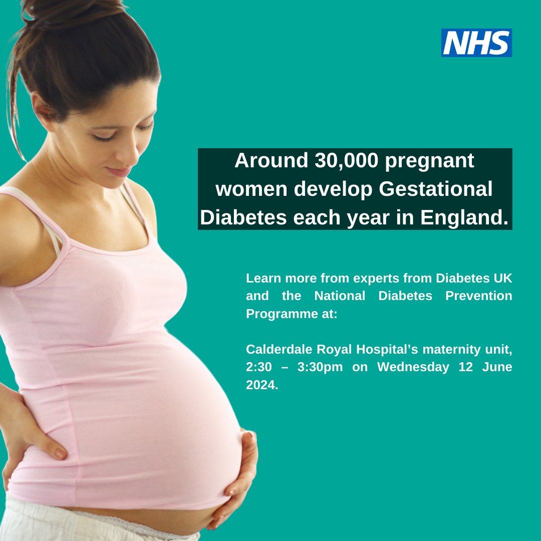 Experts from <a href="/DiabetesUK/">Diabetes UK</a> and <a href="/ReedWellbeing/">Reed Wellbeing</a> will be at Calderdale Royal Hospital’s maternity unit from 2:30 - 3:30pm on Wednesday 12 June, spreading the word about diabetes prevention.

Learn more about gestational diabetes at nhs.uk/conditions/ges…

#LetsDiaBEATthis
