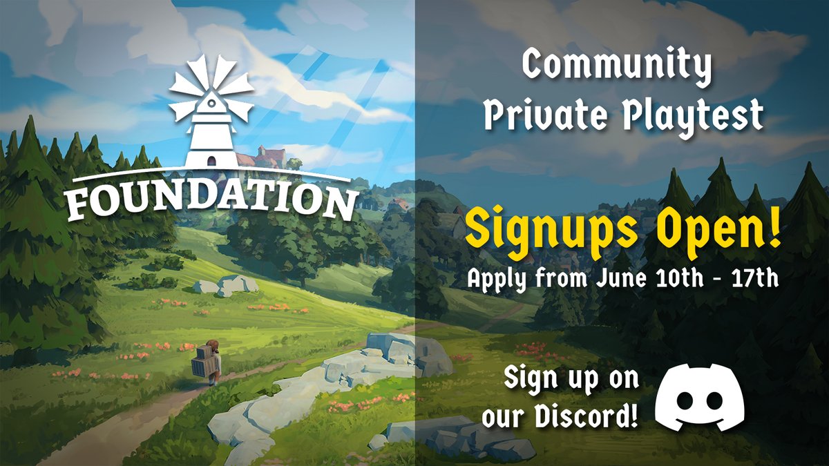 foundationgame's tweet photo. Private Playtest signups are now open!

Sign up to get the opportunity to test our most recent work on Foundation. Both new and experienced players are welcome!

Head over to our Discord server for instructions on how to get involved: https://t.co/odHjdhzosz

#pcgaming #citybuilder #Steam #pcgame #playtest