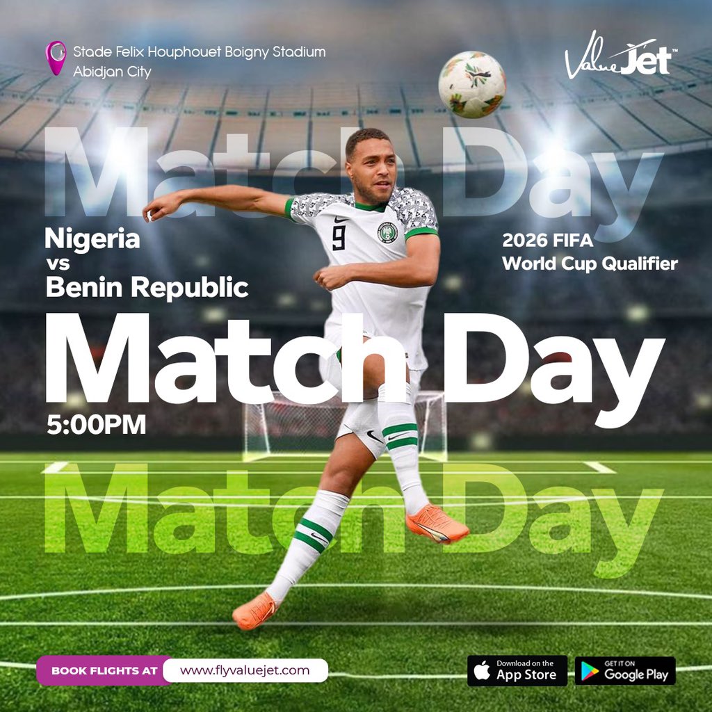 flyvaluejet's tweet photo. Wishing the Super Eagles of Nigeria victory over Benin Republic. @ng_supereagles
Can you predict the scores? 🦅⚽🇳🇬🇧🇯

#vjetters #flyvaluejet #myvaluejet #flyforvalue #avgeek #aviation #valuejet #supereagles https://t.co/SA1bURxwJ5