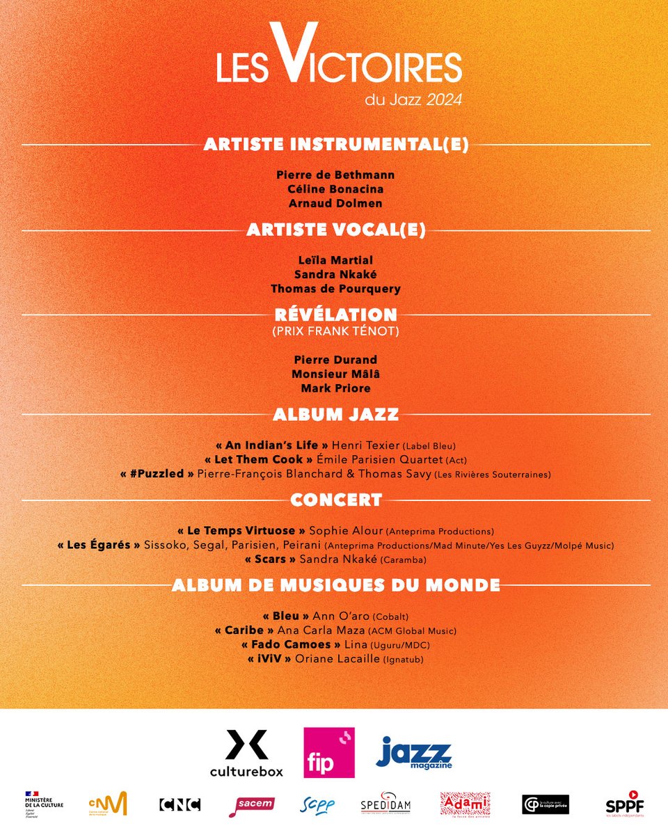 idol_io's tweet photo. We are thrilled to announce that several of our artists have been nominated for the prestigious Victoires du Jazz! 🌟🎶 A huge congratulations to @PdeBethmann, @ArnaudDolmen, Monsieur Mâla, Mark Priore, Henri Texier, Sophie Alour, Les Egarés and @Ana_CarlaMaza 🎺🎻🥁 https://t.co/KRa0lVREHv