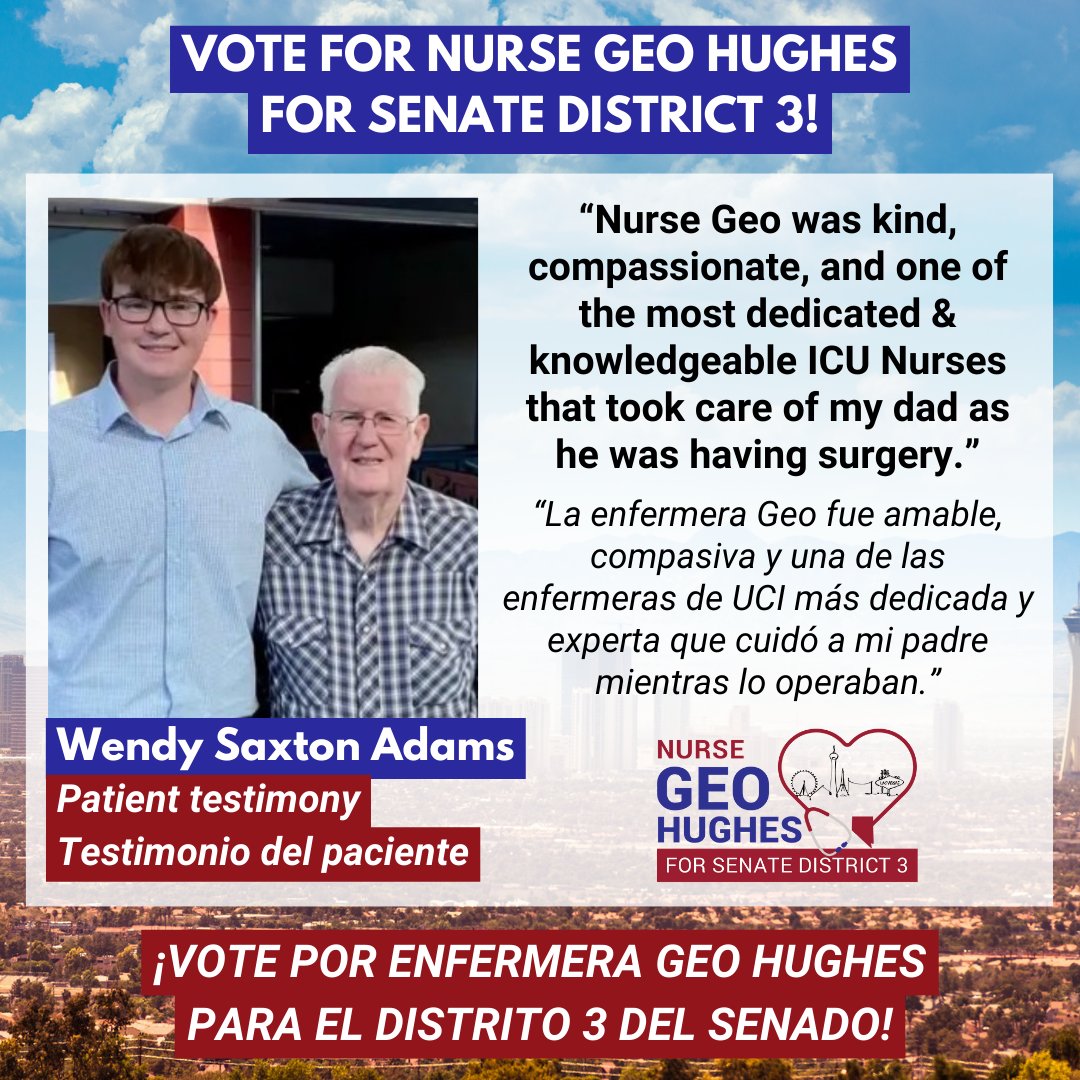 GeoForNevada's tweet photo. Wendy Saxton Adams, patient testimony: “Nurse Geo was kind, compassionate, and one of the most dedicated &amp; knowledgeable ICU Nurses that took care of my dad as he was having surgery.”

✅Election Day: Tuesday, June 11th. #GeoForNevada #SiSePuede https://t.co/WgZT2m9t56