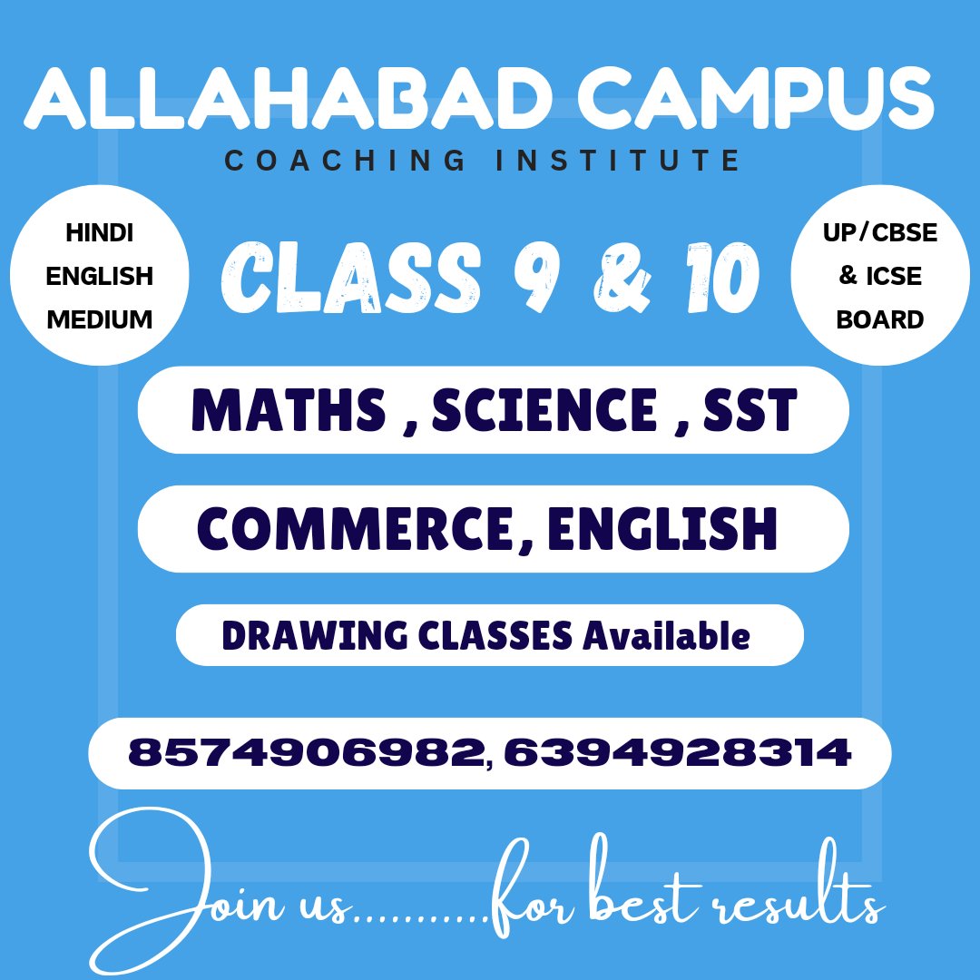 CampusAllahabad's tweet photo. @CampusAllahabad कोचिंग इंस्टीट्यूट में कक्षा 9 से 12 तक कक्षाएं प्रारंभ। कक्षा 11 और 12 की कक्षाएं JEE/NEET के साथ चलाई जा रही हैं...
श्रेष्ठ अध्यापकों के द्वारा सभी विषय की कक्षाएं संचालित हैं ...
आप भी शीघ्र ज्वाइन करें ...... https://t.co/A68vFQ1T1D