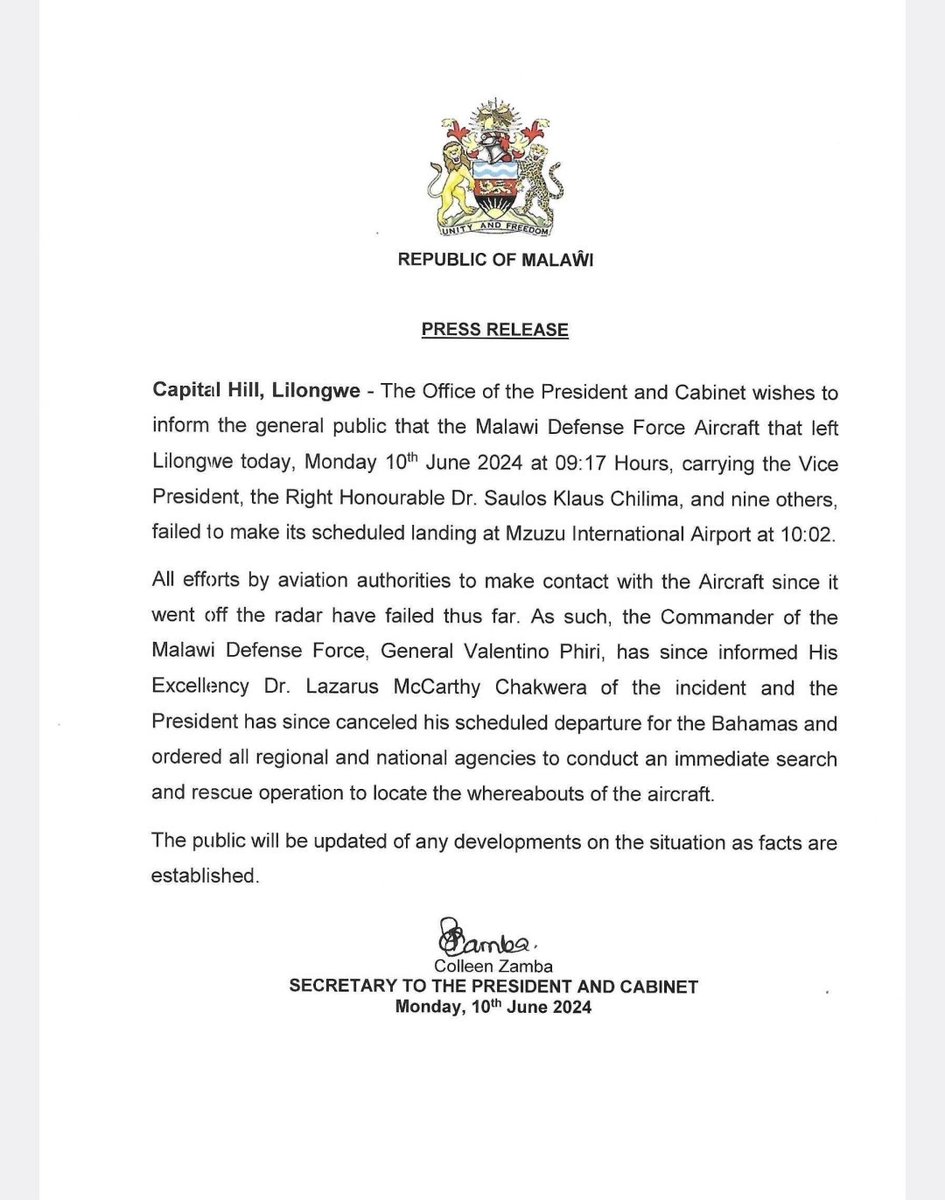 phiri_pi's tweet photo. "The Public will be updated of any developments on the situation as facts are established." https://t.co/PRcUNSMiLd