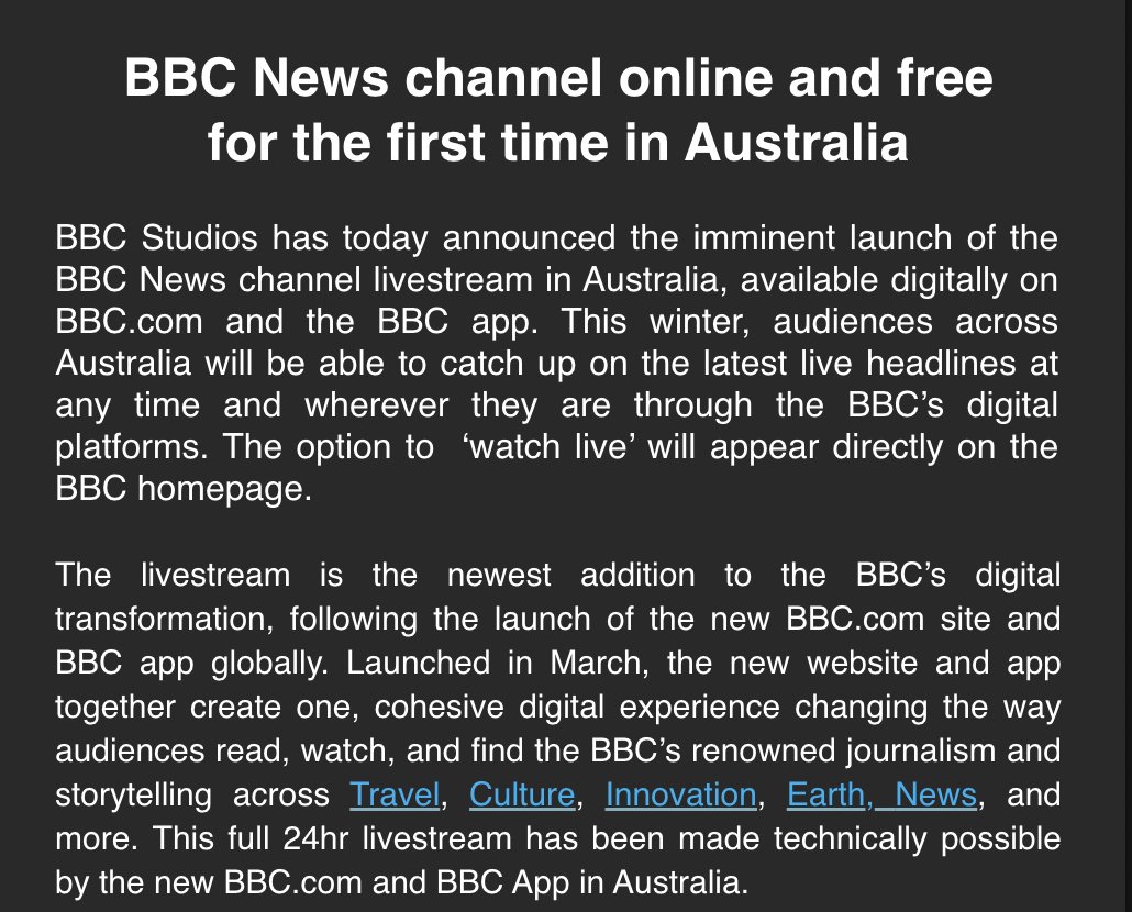 Aussie friends - you can soon watch the BBC News channel online for free 🇦🇺 <a href="/BBCNews/">BBC News (UK)</a>