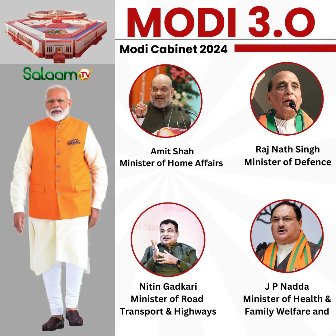 salaamtvnews's tweet image. मोदी कैबिनेट 3.0 के मिनिस्टर्स में विभागों का बंटवारा

#ModiCabinet3.0 #BreakingNews #ModiCabinetExpansion