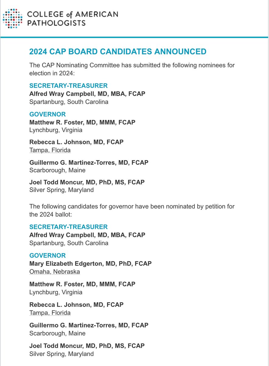 Honored to have received the nomination for a second term as <a href="/Pathologists/">CAPathologists</a> Governor both by petition and by the CAP Nominating Committee. Grateful for the support from our members and colleagues, and hoping to continue in this role representing YOU! 🔬🧪🧬🦠<a href="/MaineHealth/">MaineHealth</a> <a href="/NorDxLab/">NorDx Laboratory</a>