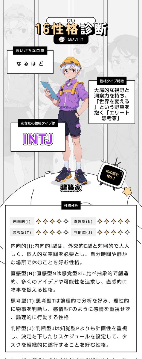 今流行ってる #GRAVITY16性格診断 受けてみた！
私の性格タイプは #INTJ だった！
細かい診断結果が見れて面白い🤣
みんなもやってみてね！
 api.gravity.place/gravity/url/az…