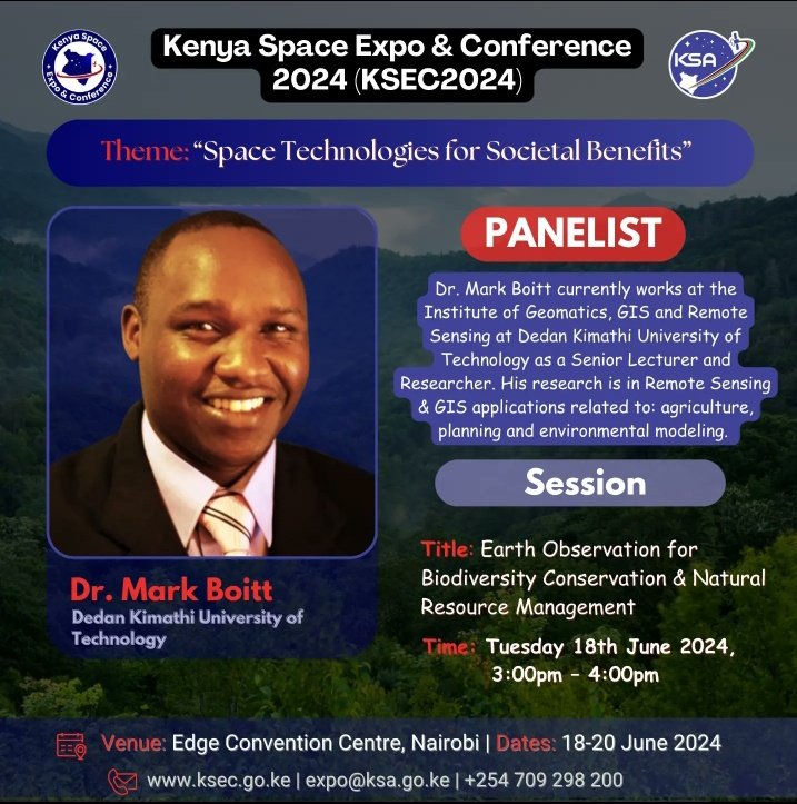 #KSEC2024 Dr <a href="/makirwa/">M.K. Boitt, PhD</a> will be  amongst the panelist Discussing Earth Observation for Biodiversity Conservation &amp; Natural Resources Management.🎉👏at <a href="/SpaceAgencyKE/">Kenya Space Agency</a>
2024 conference .
You can't miss out this session !