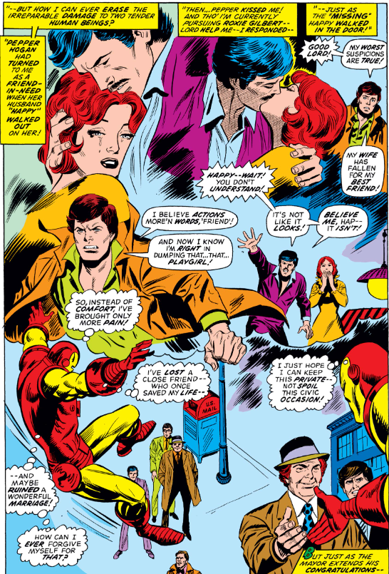 MarvelADay's tweet photo. #MarvelADay #IM64 Another montage. This time we resolve last issue's cliffhanger. Well, not quite. Happy just stalks off leaving Pepper and Tony behind. - VA https://t.co/vkFjNA00fn