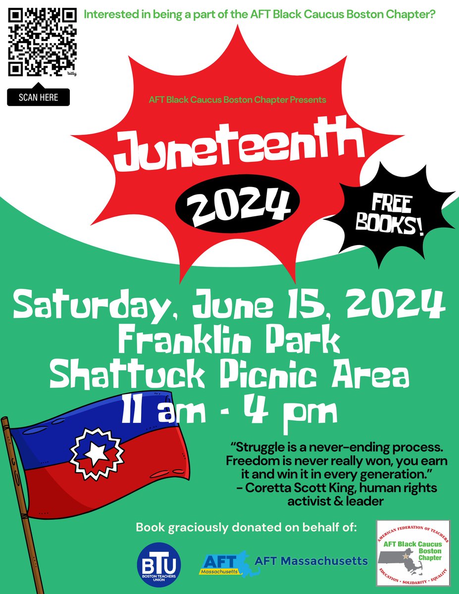 BTU66's tweet photo. The AFT Black Caucus Boston Chapter, AFT MA and the BTU invite you to a Juneteenth celebration at the Shattuck Picnic Area at Franklin Park. There will be music, food and free books. The event is free but please rsvp in advance! 
https://t.co/7V2H9wmWrB https://t.co/A6m8kiGNFq