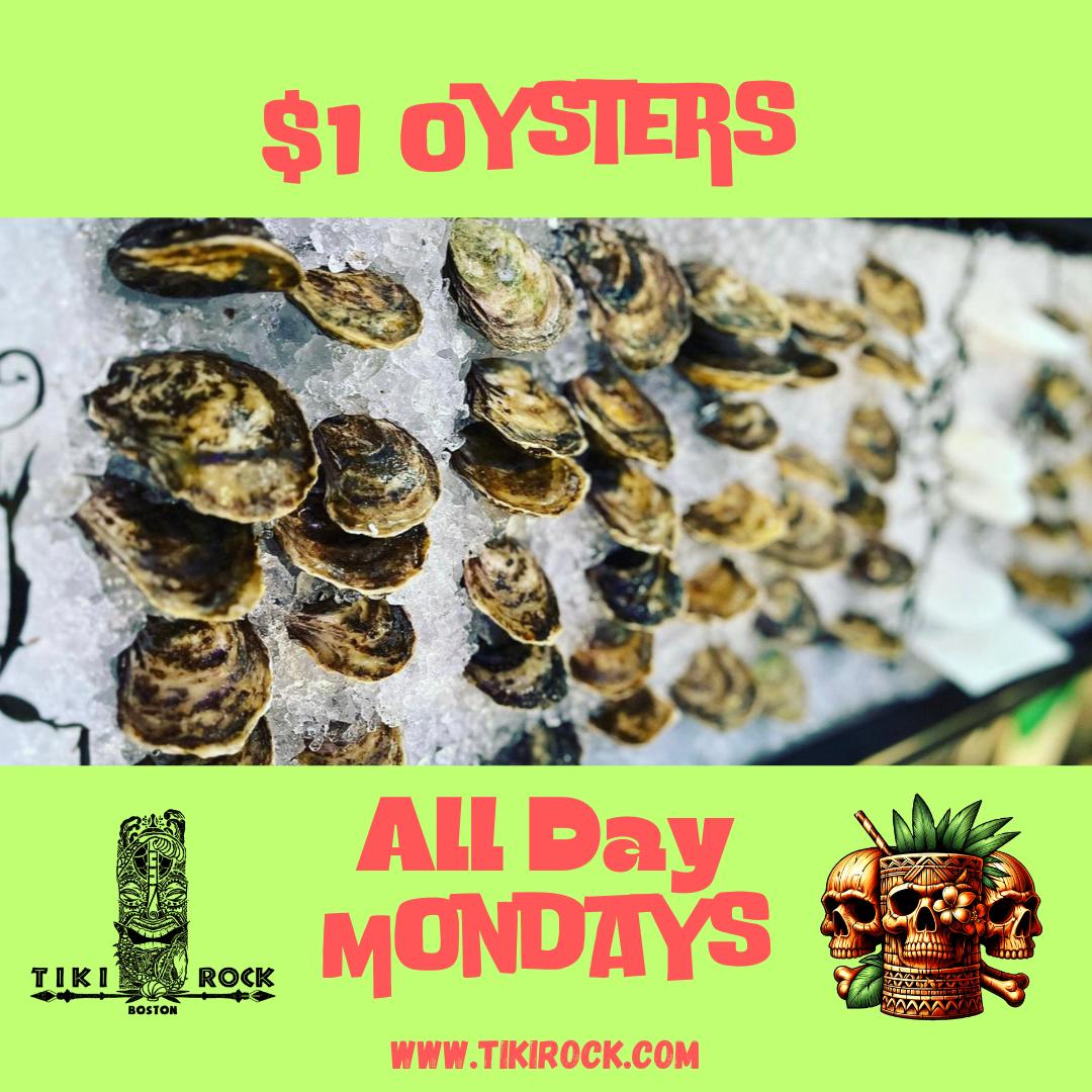 TikiRockBoston's tweet photo. $1 Oysters Day Day On Mondays!

1/2 Price Apps From 4:30 pm - 7:30 pm

Beer Specials this week
$4 PBRs
$6 Conehead IPAs https://t.co/swGmQlWrgs
