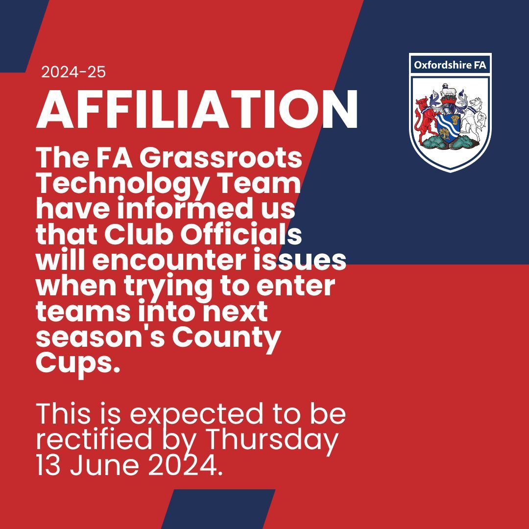 Please see the update below, regarding issues Club Officials may have faced when attempting to enter teams to 2024/25 County Cup competitions. We appreciate your patience and understanding while The FA fixes these issues.