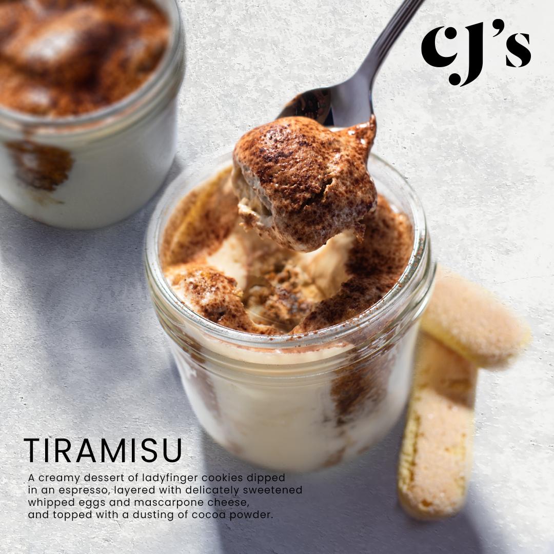CJs__256's tweet image. Indulge in layers of bliss with every bite of this classic Tiramisu. 🍰☕ #CJs #DessertDelight #ItalianCuisine