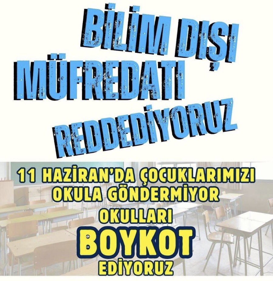 Dinci müfredata geçit yok.!
Kabul etmiyoruz.!
Etmeyeceğiz.!
Boyun eğmeyeceğiz.!

Atatürkçü, Demokratik, bilimsel, laik ve özgürlükçü eğitimden asla vazgeçmeyeceğiz.!

Bilime, aydınlığa ve fırsat eşitliğine yer vermeyen müfredatınızı reddediyoruz.!

#11HazirandaAlanlardayız