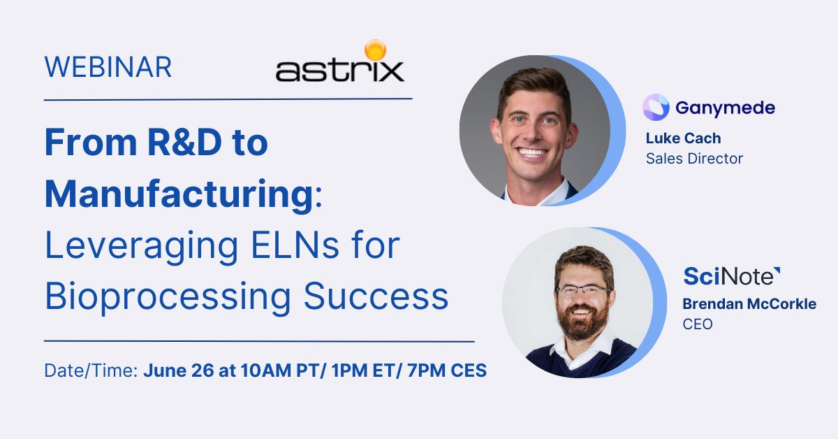 scinoteELN's tweet image. 🚀 Excited for this @AstrixLLC webinar with our CEO Brendan McCorkle &amp;amp; Luke Cach, Sales Director @GanymedeBio! They&apos;ll discuss how flexible ELN solutions can help streamline workflows, ensure compliance &amp;amp; scale with ease.
Register👇
hubs.li/Q02zZhkJ0
#Webinar #Bioprocessing