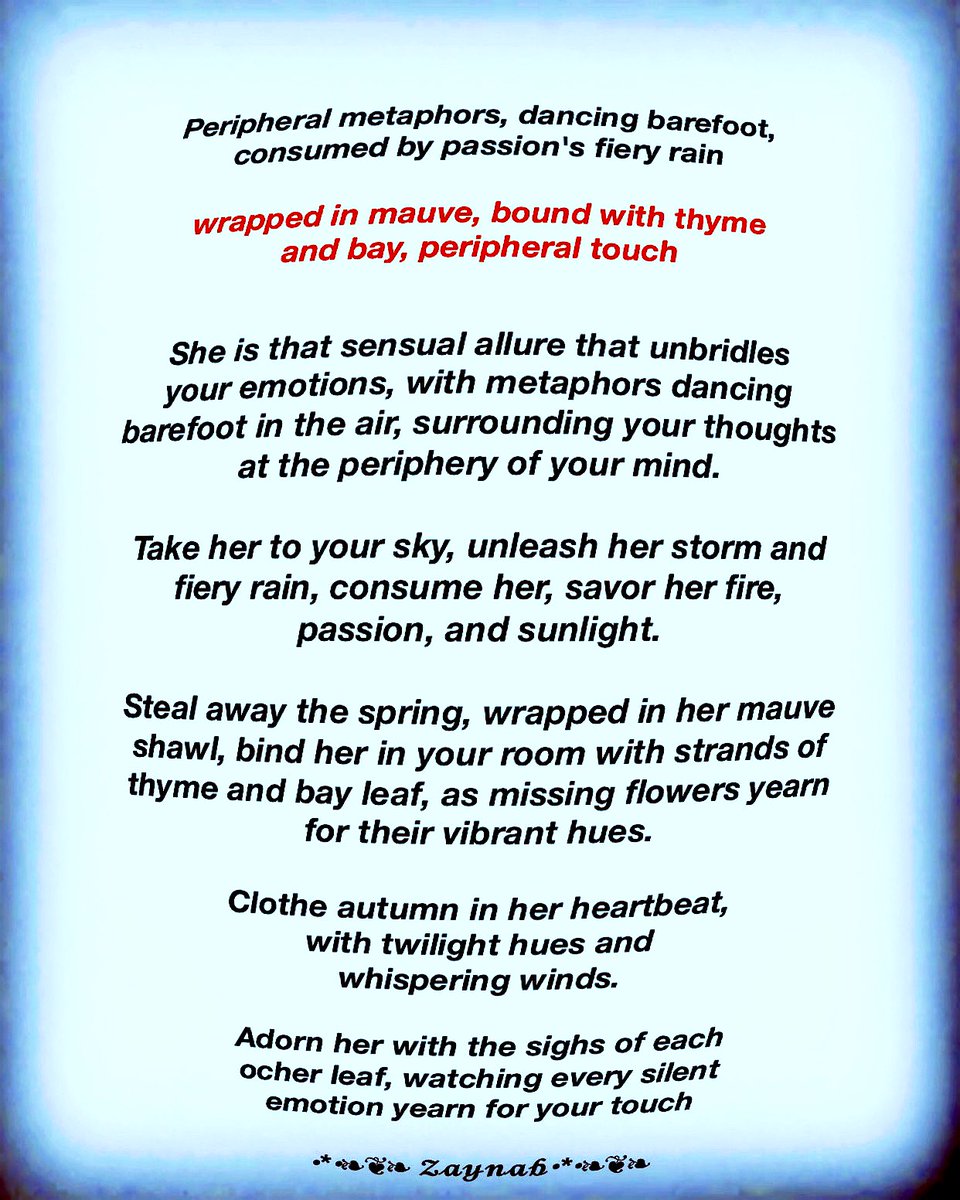 Zaynab71990's tweet image. She is that sensual allure that unbridles
your emotions, with metaphors dancing
barefoot 𝓲𝓷 𝓽𝓱𝓮 𝓪𝓲𝓻

𝓹𝓮𝓻𝓲𝓹𝓱𝓮𝓻𝓪𝓵 𝓶𝓮𝓽𝓪𝓹𝓱𝓸𝓻𝓼, 𝓭𝓪𝓷𝓬𝓲𝓷𝓰
𝓫𝓪𝓻𝓮𝓯𝓸𝓸𝓽, 𝓬𝓸𝓷𝓼𝓾𝓶𝓮𝓭 𝓫𝔂 𝓹𝓪𝓼𝓼𝓲𝓸𝓷&apos;𝓼 𝓯𝓲𝓮𝓻𝔂 𝓻𝓪𝓲𝓷

 #vss365 (#peripheral) #𝓅𝑜𝑒𝓉𝓇𝓎