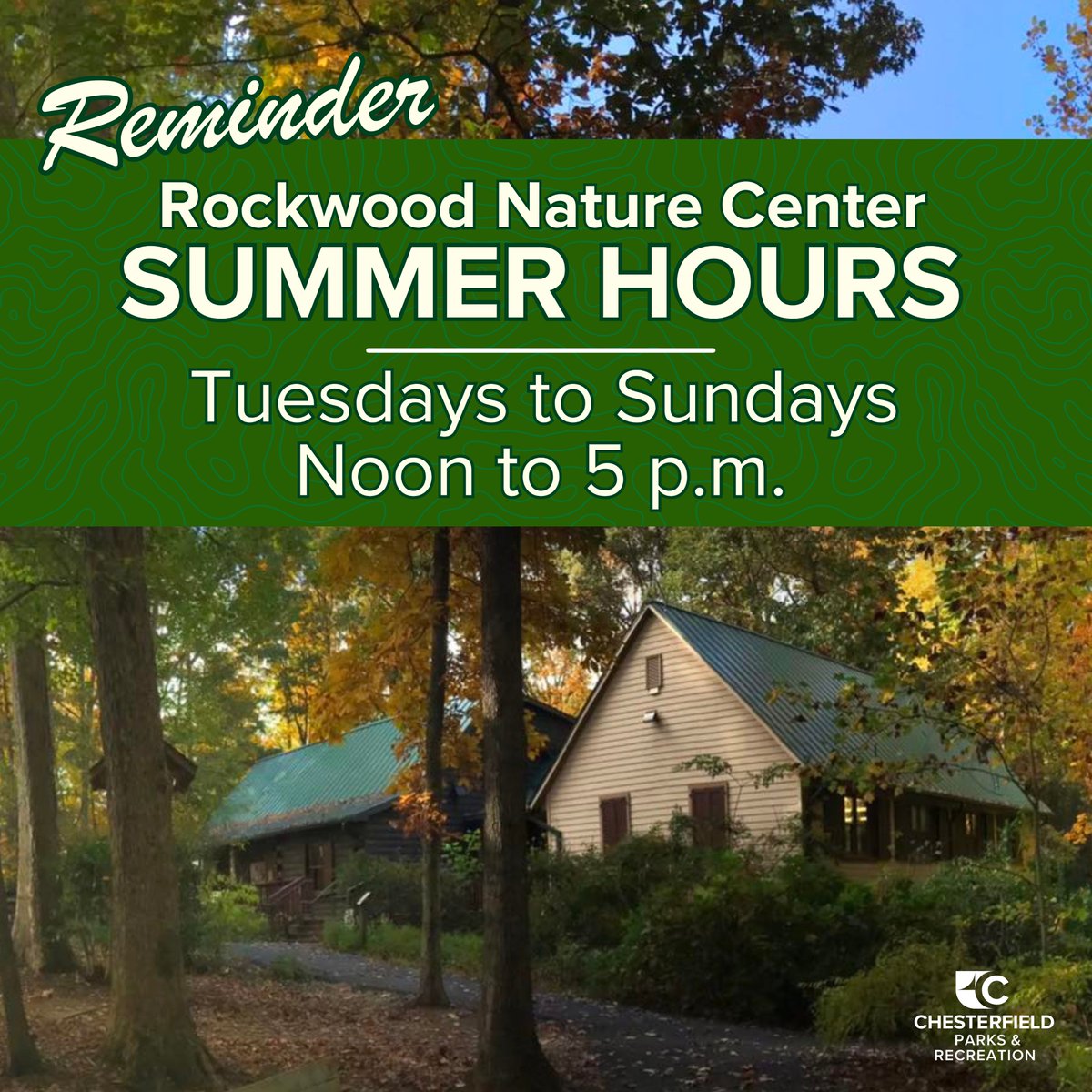 If you missed it, Rockwood Nature Center has new summer hours!🐢

⌚ Tuesdays to Sundays, noon to 5 p.m.

Meet our live animal ambassadors and discover Virginia's wildlife!