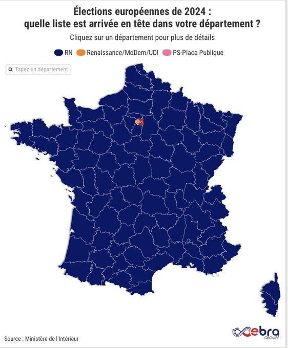 martindejongVR's tweet photo. De drie Frankrijken: Parijs-Centrum/West, Parijs-Oost en de rest. Je kunt kritiek hebben op kaartjes die alleen de grootste partij laten zien, maar het levert wel dit soort pareltjes op #EP2024 https://t.co/jJquIAw8f7