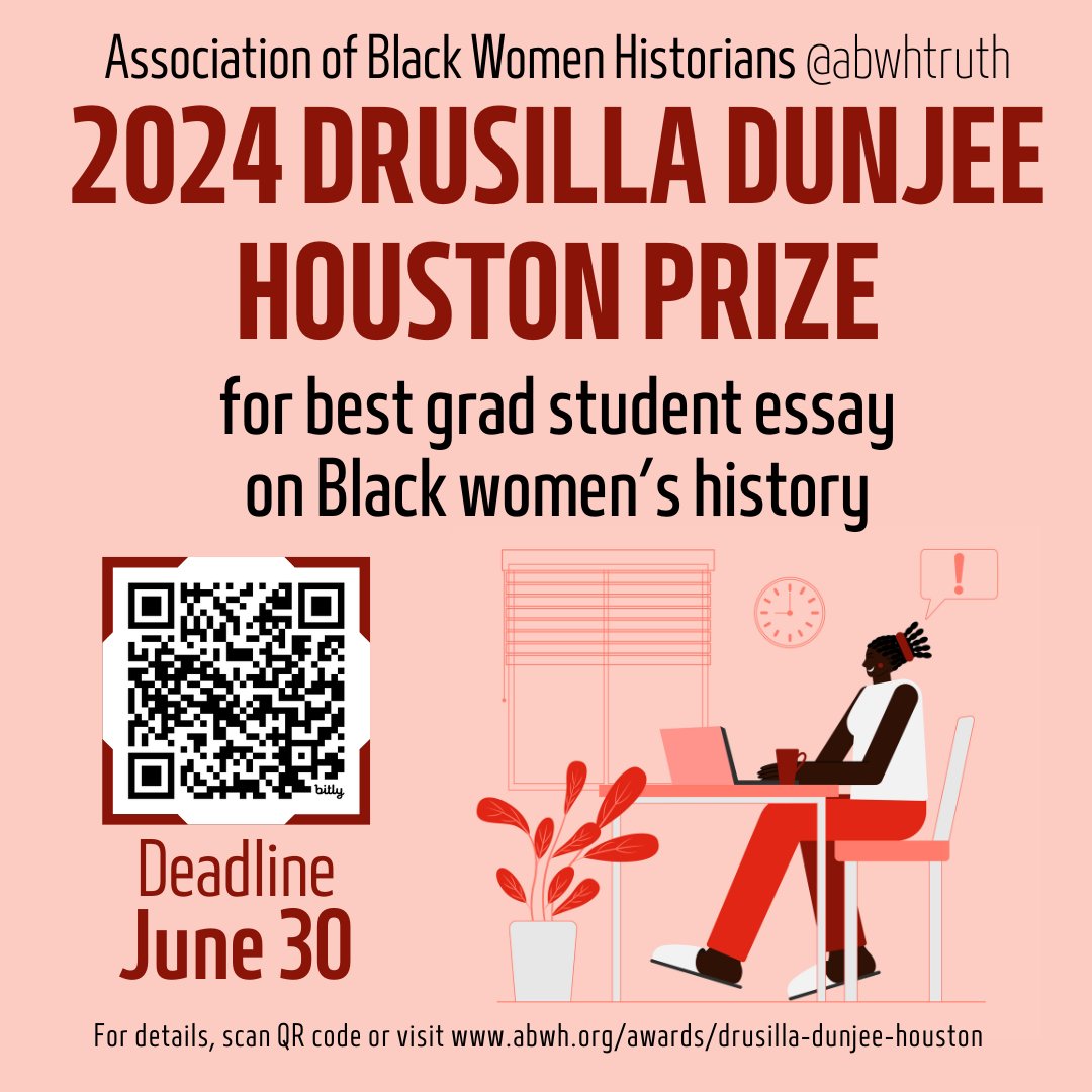 ABWHTruth's tweet photo. Are you or a graduate student you know the author of an outstanding seminar paper or dissertation chapter on Black women's history? If so, apply for the 2024 Drusilla Dunjee Houston Prize! The deadline is June 30!

For more details, visit:
https://t.co/L5PCrLX1HW https://t.co/xTUuCAS9dr