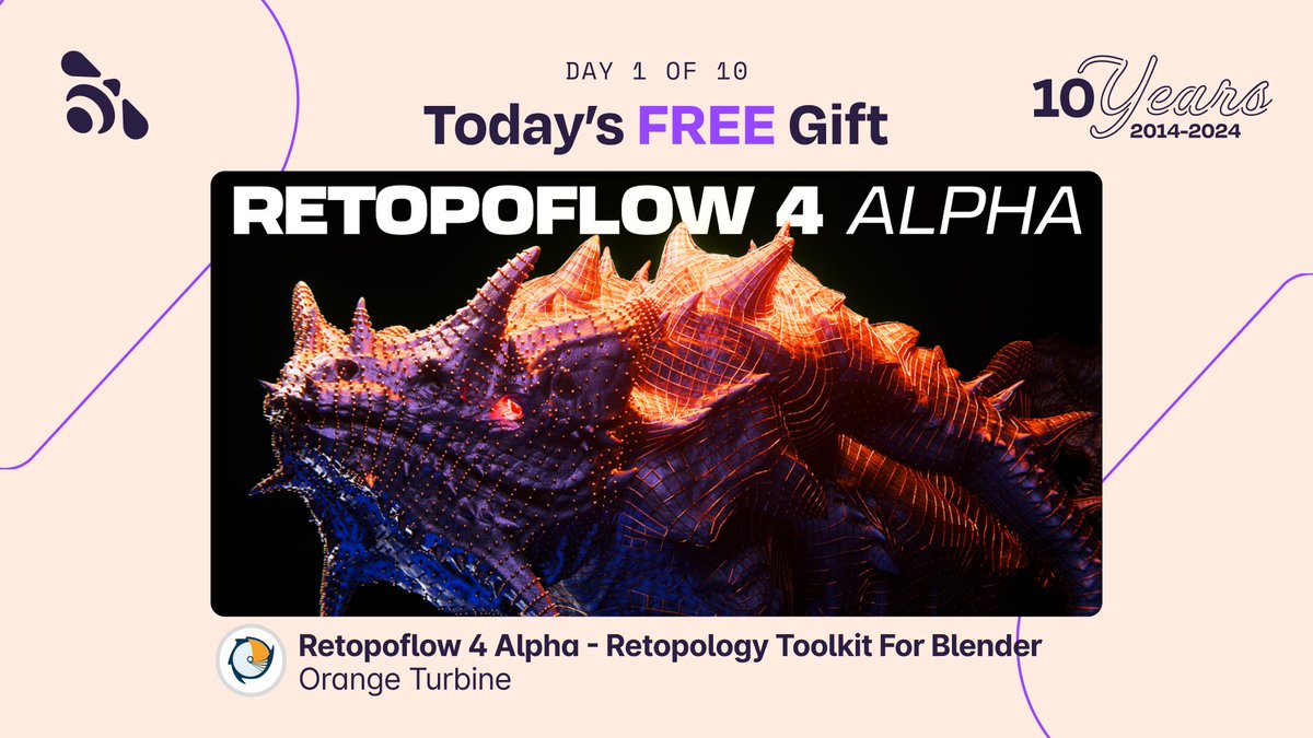 Day 01 of 10: Our first gift is a new version of Retopflow brought to  you by <a href="/orangeturbine/">Orange Turbine</a>. RetopoFlow is a full retopology  mode for #b3d, make quick work of creating custom, clean, mid or low  poly meshes on top of high resolution sculpts.  blendermarket.com/birthday