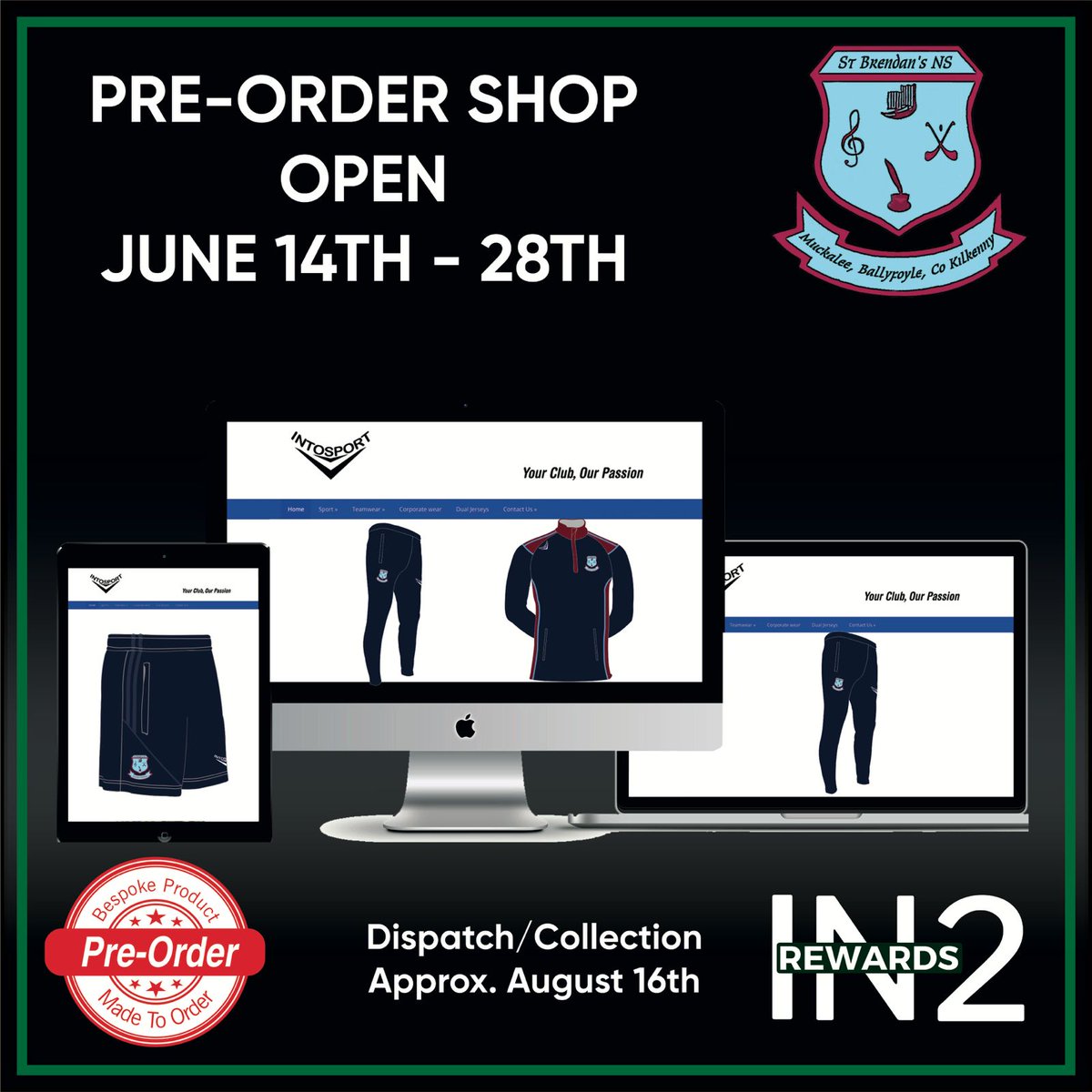 Pre-order school tracksuits from Intosport, Castlecomer.  If you wish to order for September, check online for availability.