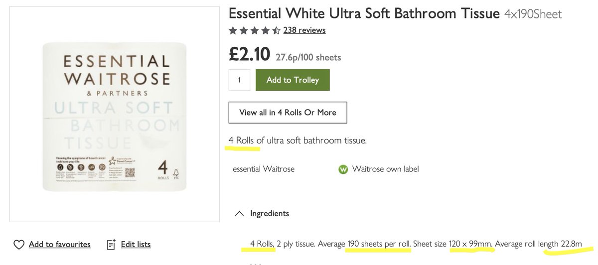 Minghowriter's tweet photo. .@waitrose Why are you short-changing customers who buy 4 x Essential #BathroomTissue with inferior product by stealth (smaller rolls, different quality) - packaged to look same as 6x or 9x? Original, as per 6/9 is quality plain paper; 4 now smaller, thinner, embossed. #waitrose https://t.co/ne6lLRjURv