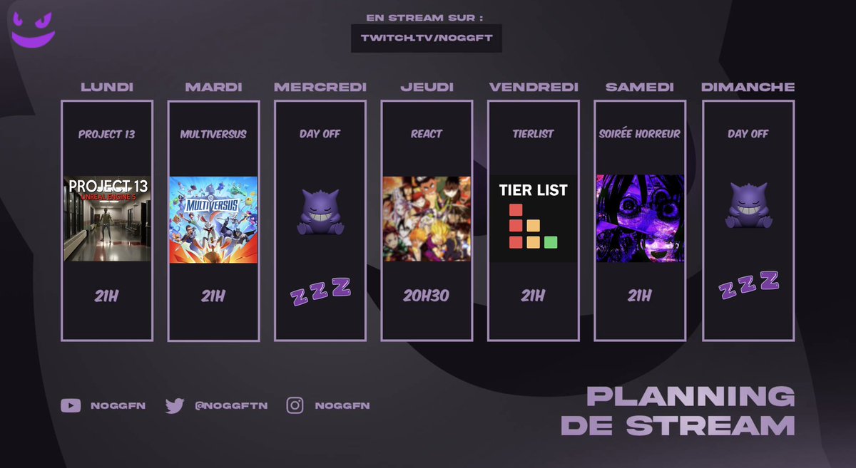 Et voici le planning de la semaine ! 

Ce soir : Project 13
Mardi : Multiversus 
Jeudi : React démon slayer 
Vendredi : Tierlist 
Samedi : Soirée horreur 

J’espère qu’il vous plaît, on se voit ce soir pour en parler. 

Coeur sur vous 🫶