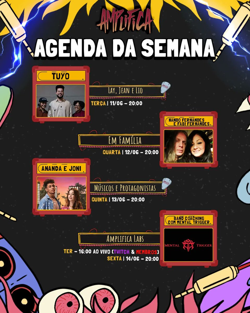 CanalAmplifica's tweet photo. AGENDA DA SEMANA 🎸🎶🎙️🚀
.
.
.
.
#canalamplifica #amplifica #estudiosflow #podcast #convidados #amigos #musicos #cantores #tuyo #bandatuyo #sinistra #nandofernandes #rock #metal #diadosnamorados #ananda #sdl #filme #mentoria https://t.co/nvaUN8wlVO