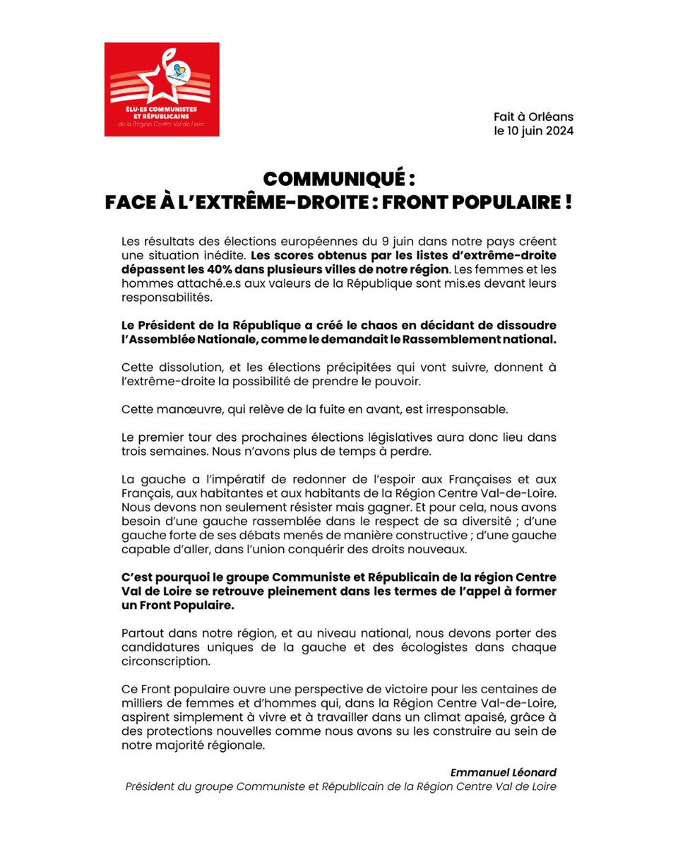 🔴 Face à l'extrême-droite : #FrontPopulaire !

Partout dans notre région, et au niveau national, nous devons porter des candidatures uniques de la gauche et des écologistes dans chaque circonscription.

Notre communiqué 👇