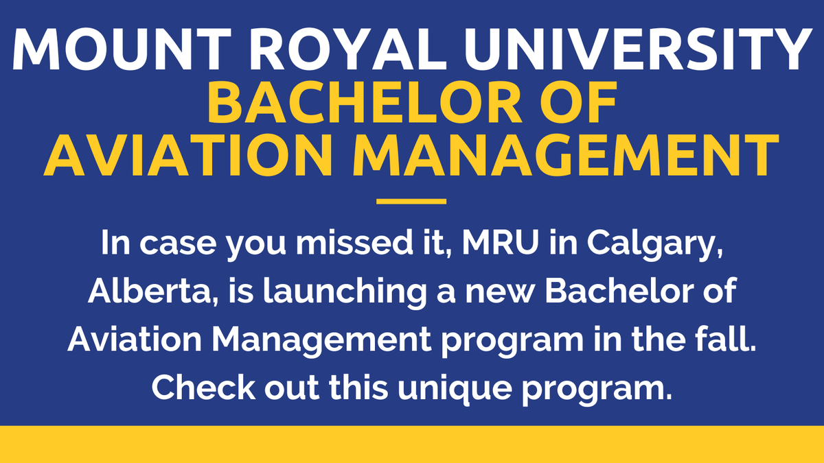 In case you missed it, MRU in Calgary, Alberta, is launching a new Bachelor of Aviation Management program in the fall. Check out this unique program.

schoolfinder.com/Discover/Artic…

<a href="/Mountroyalu/">Mount Royal U</a> #aviation #airplane #program