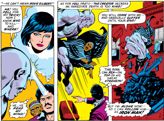 MarvelADay's tweet photo. #MarvelADay #IM64 No time to change into IM as Rokk attacks. For paining him, Rokk vows revenge against Tony's loved ones. Tony thinks of Roxanne Gilbert? Rokk takes that as a suggestion and off he flies with Dr. Obatu in tow. - VA https://t.co/ru4jBskGEE