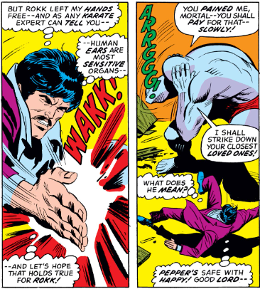 MarvelADay's tweet photo. #MarvelADay #IM64 No time to change into IM as Rokk attacks. For paining him, Rokk vows revenge against Tony's loved ones. Tony thinks of Roxanne Gilbert? Rokk takes that as a suggestion and off he flies with Dr. Obatu in tow. - VA https://t.co/ru4jBskGEE