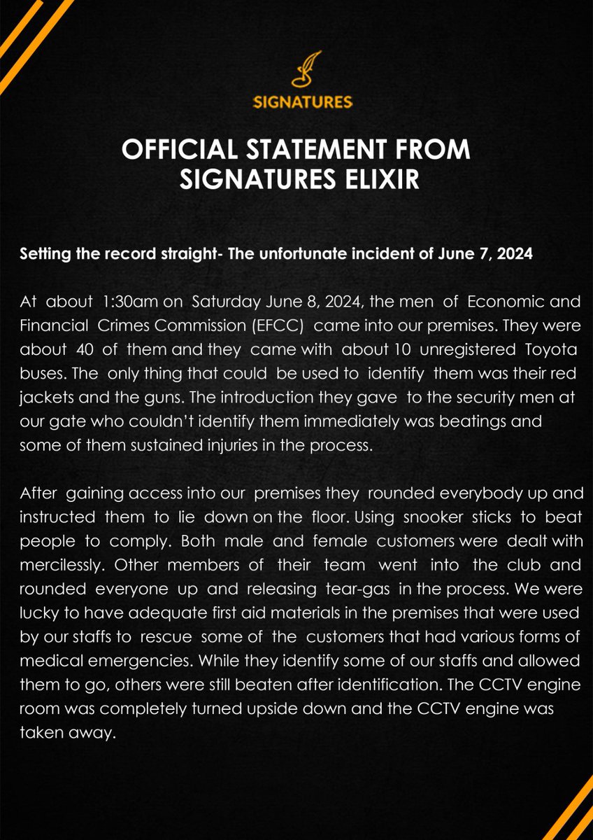 StreetofAkure1's tweet photo. Official press release of Signature Elixir, one of the clubs raided last Saturday, reacting to the unprofessional conduct of the @officialEFCC officials.
#StopEFCCBrutality https://t.co/RFLibL8XDg