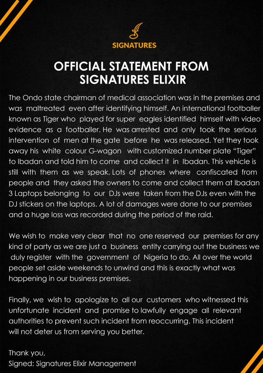 StreetofAkure1's tweet photo. Official press release of Signature Elixir, one of the clubs raided last Saturday, reacting to the unprofessional conduct of the @officialEFCC officials.
#StopEFCCBrutality https://t.co/RFLibL8XDg
