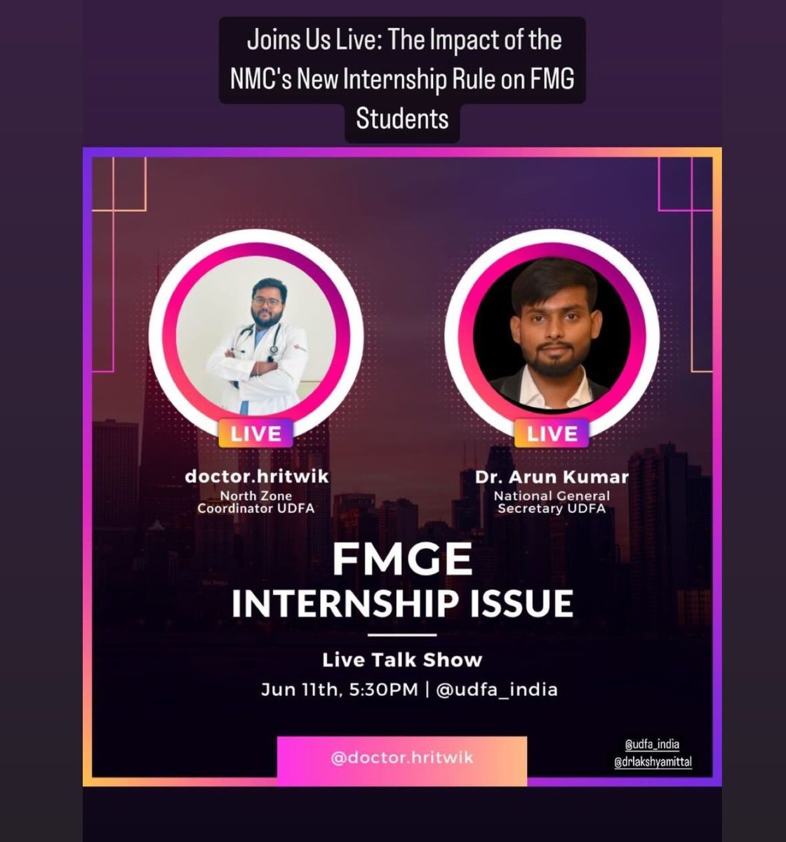 drlakshyamittal's tweet photo. Team @udfaindia organising #LiveTalkShow (Instagram) on June 11th, 5:30PM regarding the impact of @NMC_IND’s New #CRMI Internship Rule on #FMGs.
Kindly do Join us.
#Internshipissue #FMGs https://t.co/hneRy0Njbm