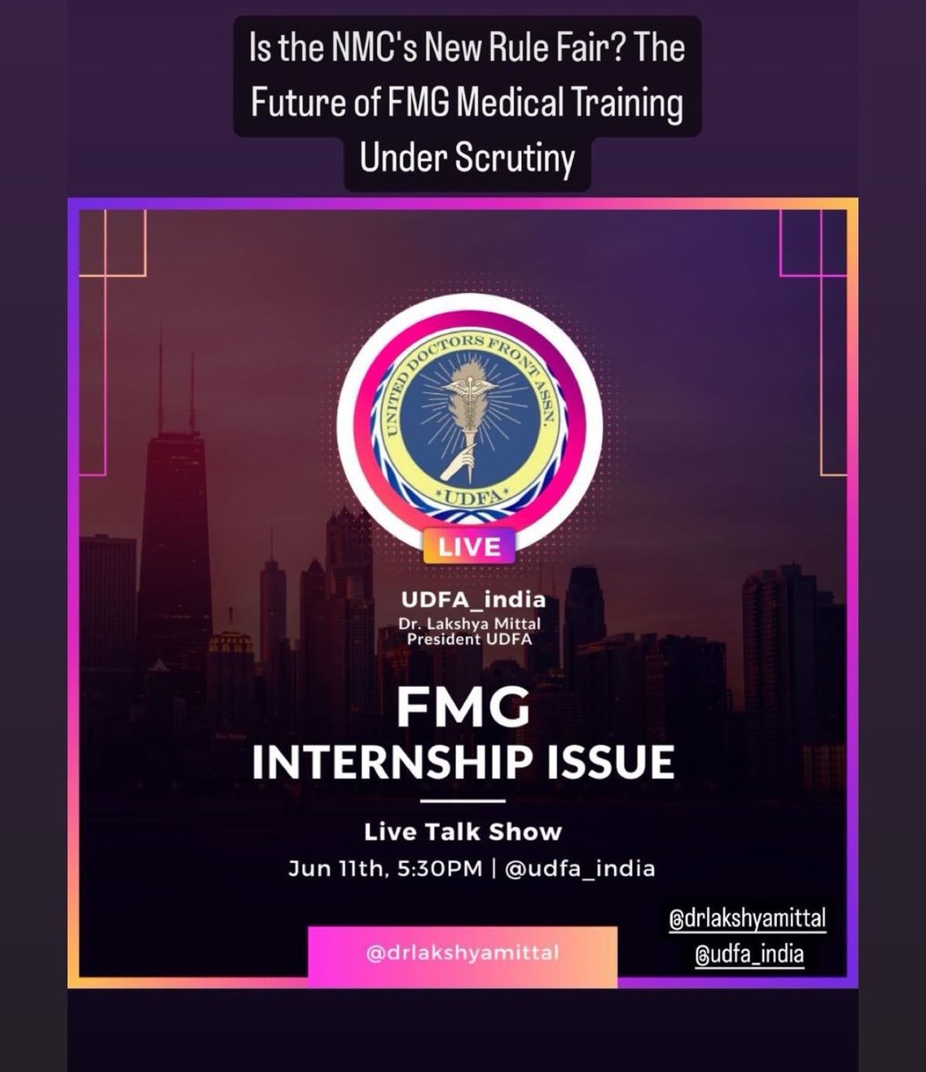drlakshyamittal's tweet photo. Team @udfaindia organising #LiveTalkShow (Instagram) on June 11th, 5:30PM regarding the impact of @NMC_IND’s New #CRMI Internship Rule on #FMGs.
Kindly do Join us.
#Internshipissue #FMGs https://t.co/hneRy0Njbm