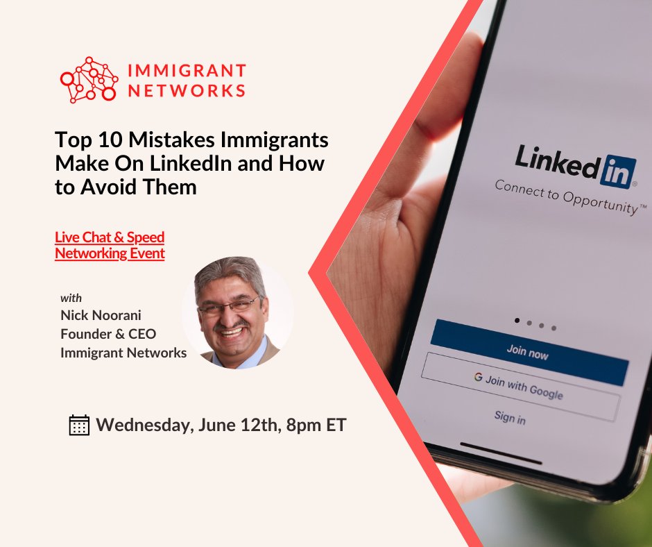 immnetsocial's tweet photo. 👉 Are you a newcomer to Canada looking to navigate LinkedIn effectively? 

Join us for a #SpeedNetworkingEvent where we’ll discuss top 10 mistakes immigrants make on LinkedIn and how to avoid them! 

Date: June 12th, 2024
Time: 8:00 PM EST
Register: https://t.co/CyxzxuGAAx https://t.co/f6AbfNQfta