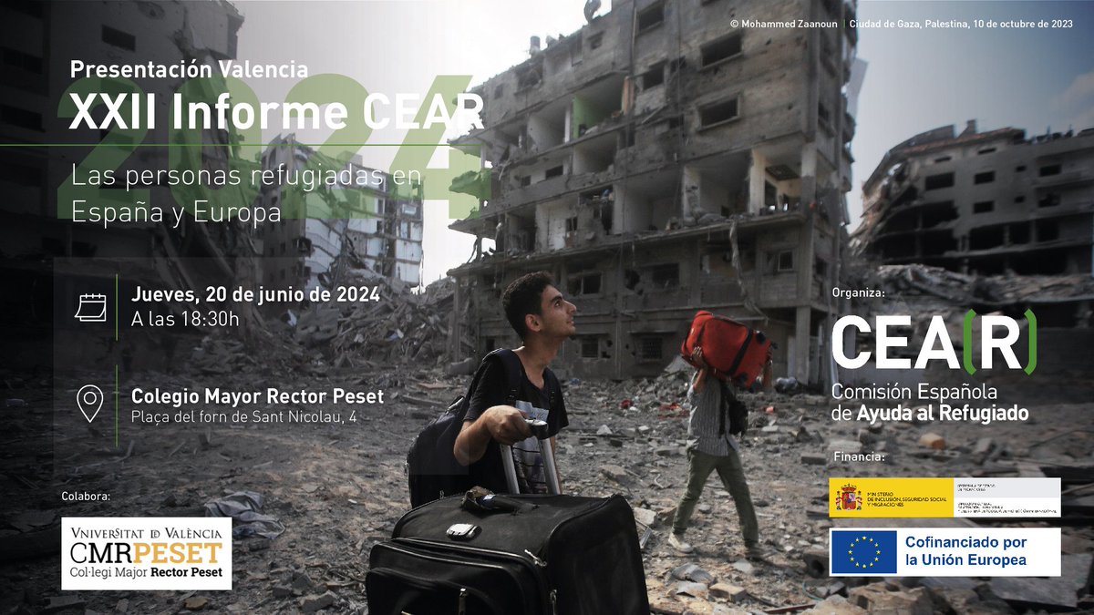 CEAR_PV's tweet image. 📗XXII INFORME ANUAL CEAR  

En el marc del #20J us esperem a la presentació de  l´informe "Les persones refugiades en Espanya i Europa".

🗓️Dijous, 20 de juny 
 ⏰A les 18.30h 
👉Col.legi Major Rector Peset. Pl. del Forn de Sant Nicolau, 4 València
