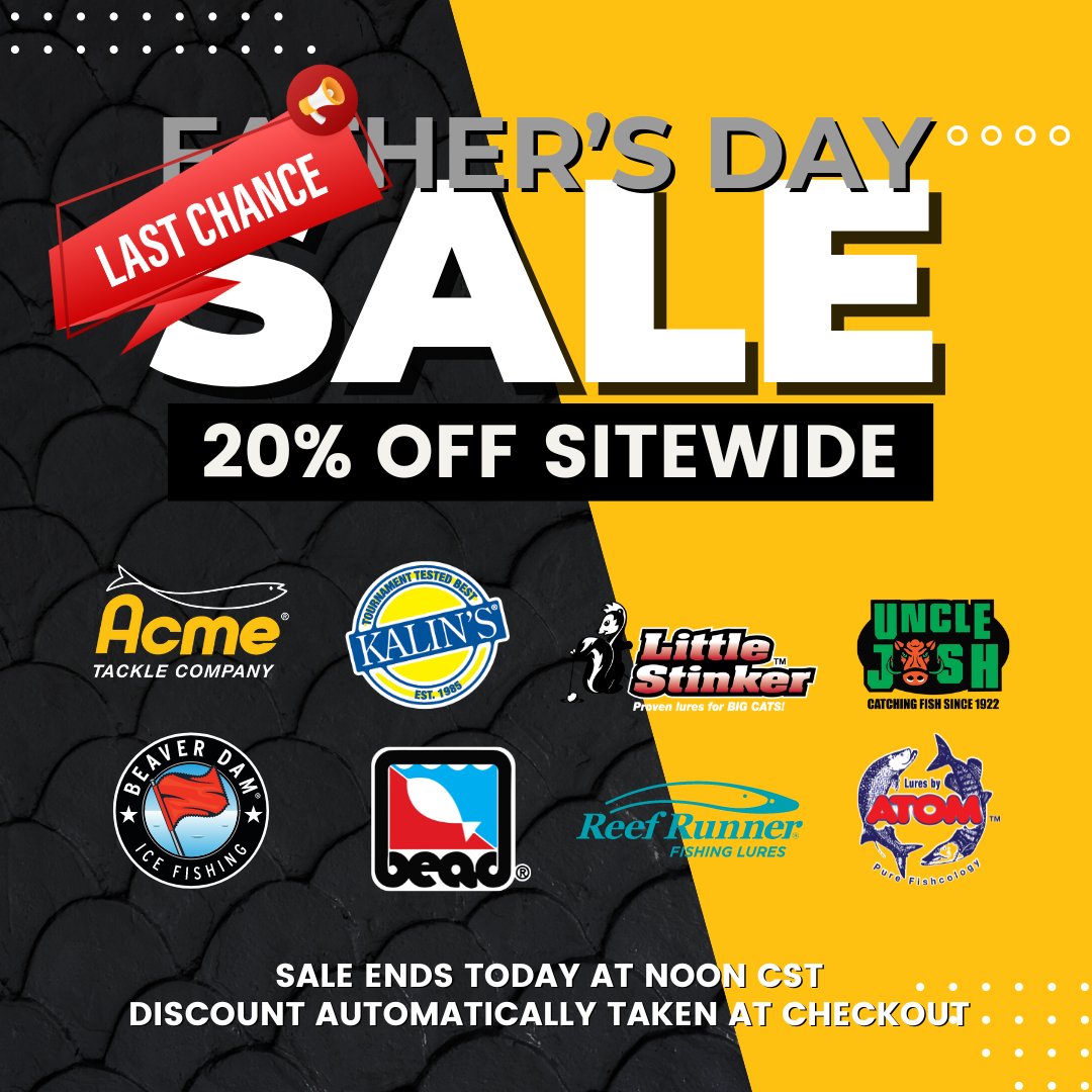 AcmeTackle's tweet photo. Last chance to hook Dad the perfect gift! 20% off sitewide at Acme Tackle Company for Father's Day. Shop now before this deal swims away!
Don't miss out, shop now! 
*discount automatically taken at checkout
Start shopping now: https://t.co/jgjLBWWrYP https://t.co/A5RDErp75X
