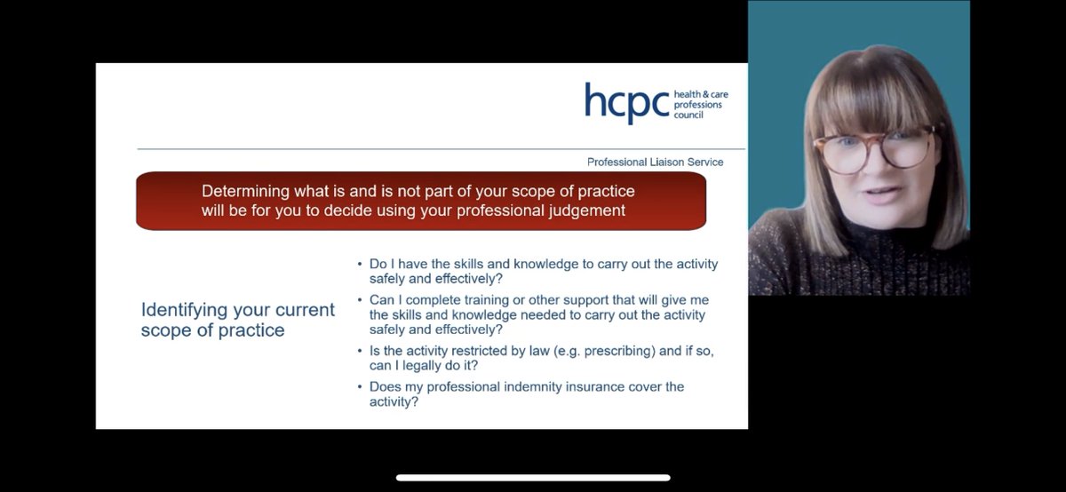The_HCPC's tweet image. 'There is a difference between confidence and competence... We trust that our registrants can use their professional judgement and that they don't over-estimate their skills.'

Exploring scope of practice in the #myHCPCstandards
webinar.