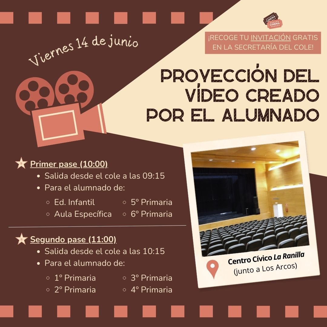 Os dejamos los horarios en los que se proyectará nuestro pequeño documental en el Centro Cívico “La Ranilla” en viernes 14.
NO OLVIDÉIS PASAR POR SECRETARÍA A POR VUESTRA ENTRADA!!! #ceiplacandelaria #comunidadesdesprendizaje #abp