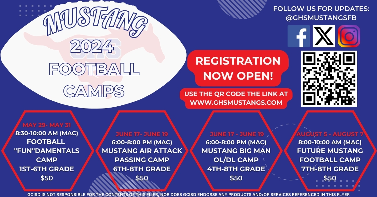 GHSFBBooster's tweet image. Future Mustangs: join us for Mustang football camp next week June 17th - 19th from 6p-8p at the MAC ‼️

🏈Mustang Air Attack Passing Camp (rising 6th - 8th graders)
🏈Mustang Big Man OL/DL Camp (rising 4th - 8th graders)

@CTMSWolvesBoys @GMSPonies @CMSColtGRIT