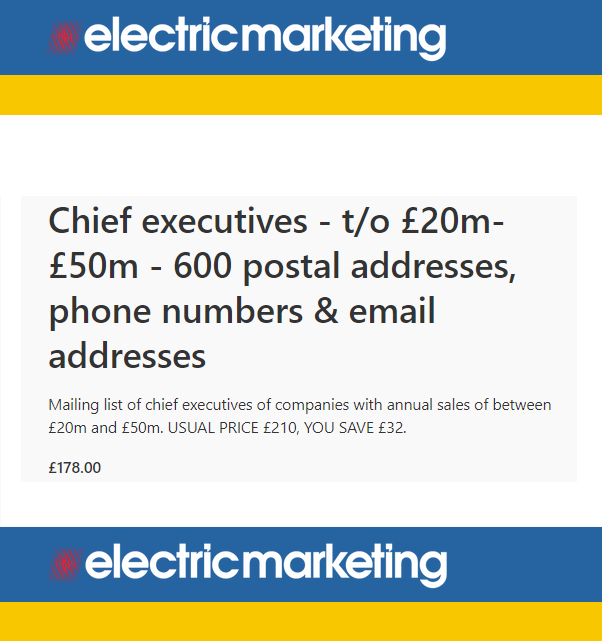 ElecMarketing's tweet photo. CEOs of large companies across the UK with annual sales of between £50m and £100m.
https://t.co/PigwyU1CJ5
This marketing lists is available at 20% discount in June. https://t.co/duAkG6xnSU