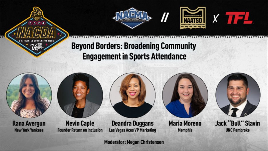 🏟️ Join the conversation on broadening sports attendance with our expert panel! Proud to partner w/<a href="/NACMANews/">NACMA News</a> for this General Session featuring <a href="/NevinCaple/">Nevin Caple</a>, Deandra Duggins of the <a href="/LVAces/">Las Vegas Aces</a>, <a href="/HappyAverAfter/">Ilana Avergun</a>, <a href="/mamoreno24/">Maria A. Moreno</a> &amp; <a href="/Jack_the_Bull/">Jack Bull Slavin 🐂</a> #NAATSO24