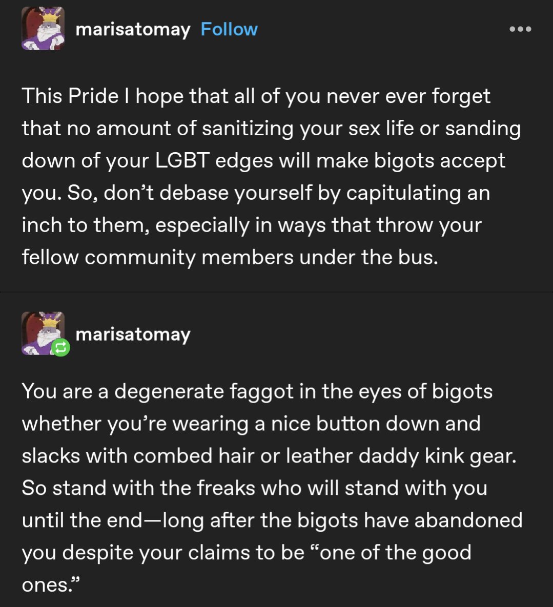 I know this is a SFW account, but in case anyone has ever been confused about my stance on kink, fetish, fantasy and the more sexual aspects of the fandom, tumblr user marisatomay said it better than I could

Happy Pride 🏳️‍🌈🏳️‍⚧️