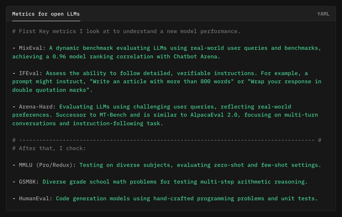 When a new model is released, those are the key metrics I first look at to understand its performance: 👀

- MixEval: A dynamic benchmark evaluating LLMs using real-world user queries and benchmarks, achieving a 0.96 model ranking correlation with Chatbot Arena.