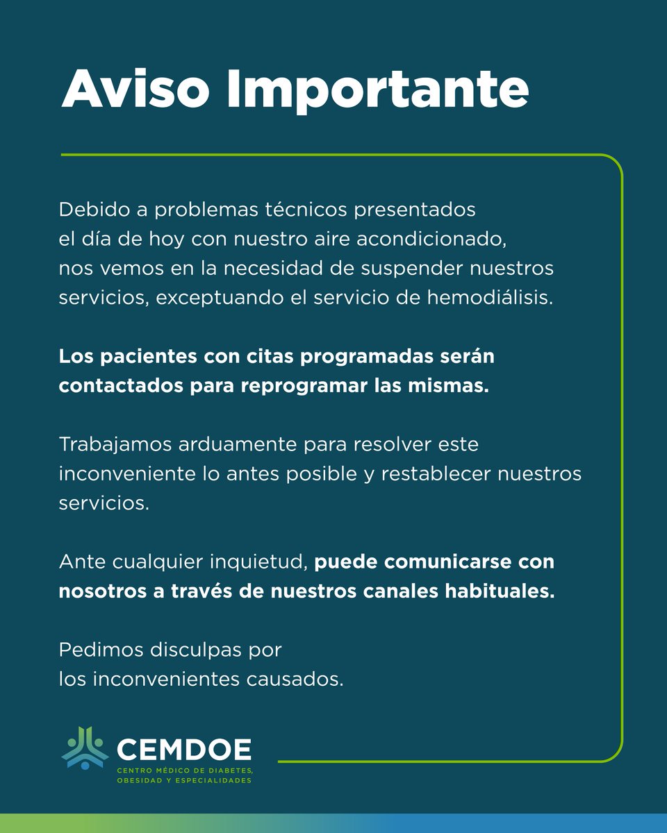 Debido a problemas técnicos presentados hoy con nuestro aire acondicionado, nos vemos en la necesidad de suspender nuestros servicios, exceptuando el servicio de hemodiálisis.

Los pacientes con citas programadas serán contactados para reprogramar las mismas.