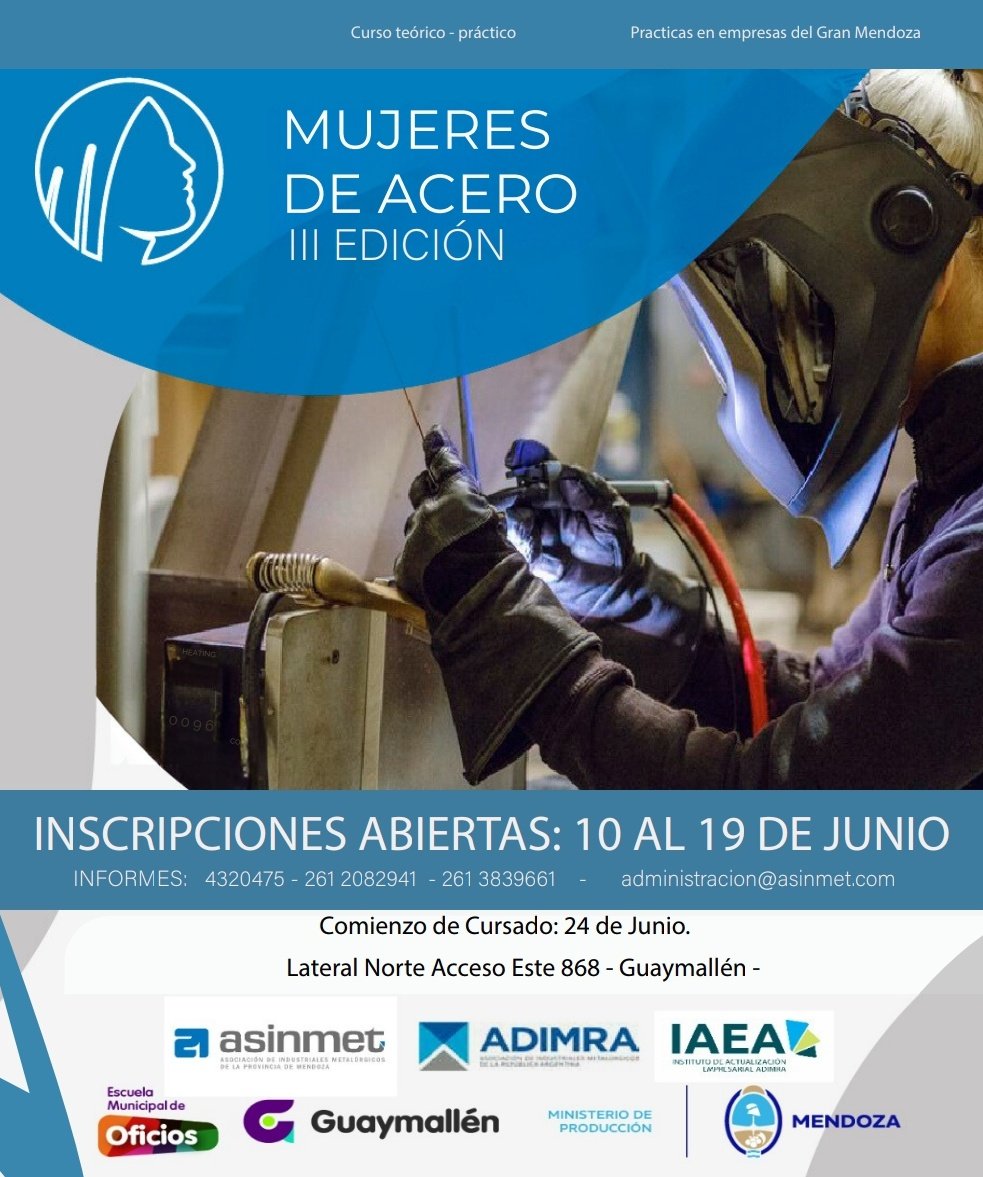 asinmet's tweet photo. 👩‍🏭𝘾𝙪𝙧𝙨𝙤: 𝙈𝙪𝙟𝙚𝙧𝙚𝙨 𝙙𝙚 𝘼𝙘𝙚𝙧𝙤

👉Inscripción del 10 al 19 de Junio: https://t.co/2mgVkXZJD7

🗓Fecha de inicio: 24/06/2024.
⏳Duración: 6 meses
⌚Horarios: Lun-Jue de 14 a 19 / Mar-Vie de 8 a 13hs.
📍Lugar:  ASINMET – Lateral Norte Acceso Este 868. 
(1/4) https://t.co/hMJ9DEkC7V