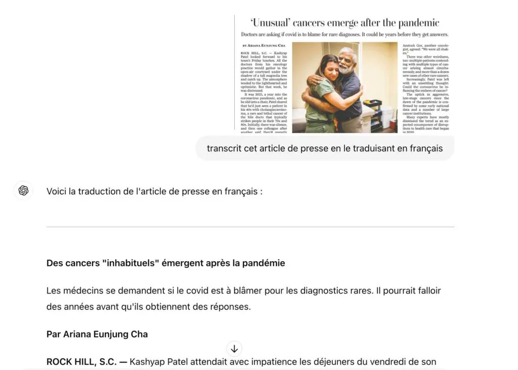 outilstice's tweet image. 5️⃣ 📰 Transcription, traduction, résumé d&apos;articles de presse... #ChatGPTVision fait tout ! ✍️🌐 Un outil puissant pour les étudiants en langues et les amateurs d&apos;actualités. 🗞️ #TraductionInstantanée #VeilleInfo
