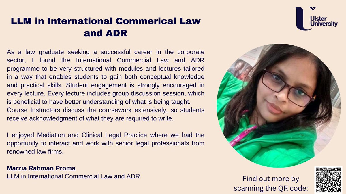 Marzia Rahman Proma writes about her experience on the LLM International Commercial Law and Alternative Dispute Resolution. Learn more and apply at ulster.ac.uk/faculties/arts…